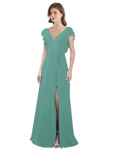 Shop Full Length Chiffon Bridesmaid Dress with Ruffled Cap Sleeves and Side Slit