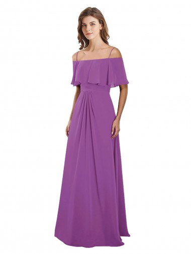 Shop Draped Off The Shoulder Chiffon Bridesmaid Dress with Spaghetti Straps and Ruffled Neckline