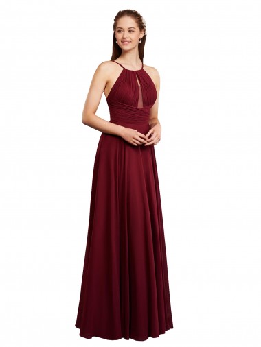 Shop Long A-Line Halter Neck Chiffon Bridesmaid Dress with Draped Bodice