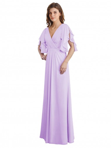 Shop A-Line Draped Chiffon Bridesmaid Dress with V-Neck and Split Sleeves