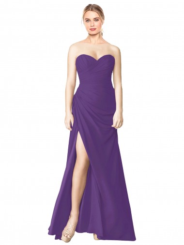 Shop Strapless Chiffon Bridesmaid Dress with Pleated Wrap Bodice and Side Slit