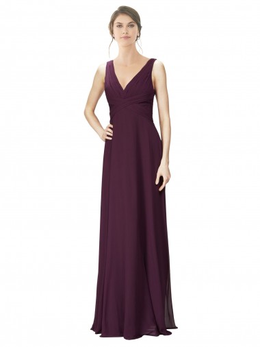 Shop Long Chiffon Bridesmaid Dress with Ruched Criss Cross V-Neck Bodice