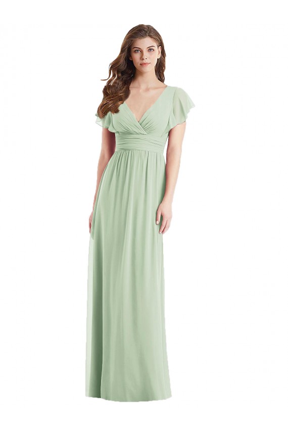 Shop Flutter Sleeves Draped Wrap V-Neck Chiffon Bridesmaid Dress