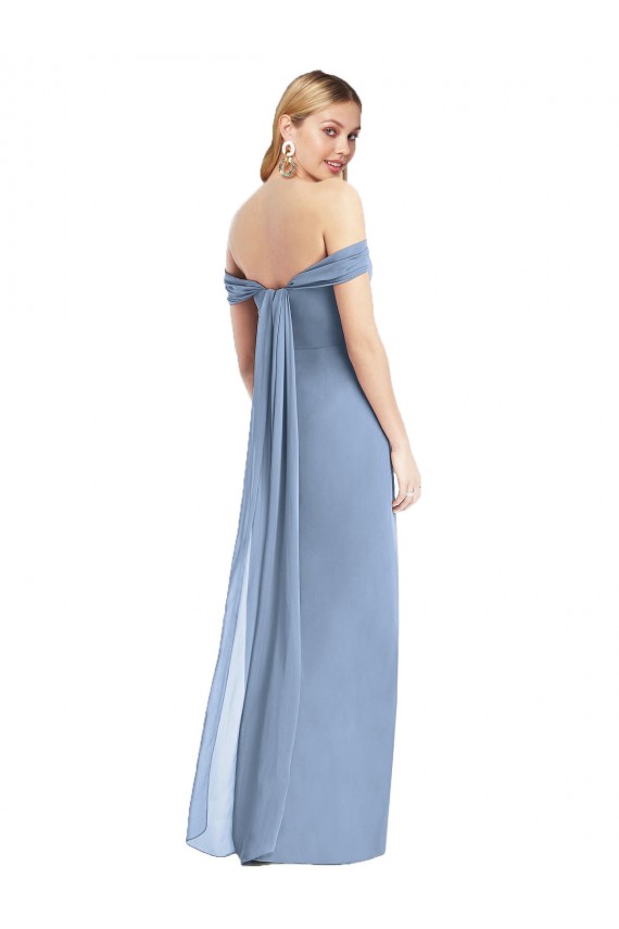 Shop Full Length Draped Off the Shoulder Maxi Bridesmaid Dress with Shirred Streamer