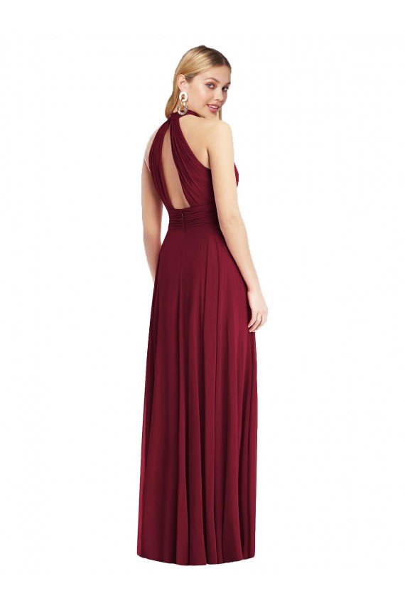 Shop High-Neck Open Back Shirred Halter Maxi Bridesmaid Dress