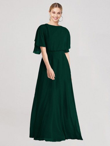 Shop Full-Length Flutter Sleeves Plunging V Back Chiffon Bridesmaid Dress