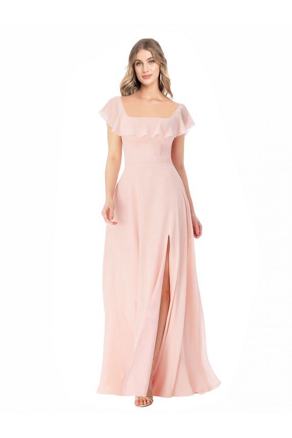 Shop Flutter Cap Sleeves Square Neck Ruffle Chiffon Bridesmaid Dress with Pockets