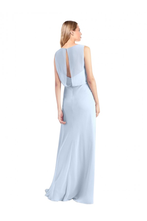 Shop Illusion Boat Neck Long Full Length Chiffon Bridesmaid Dress with Keyhole Back