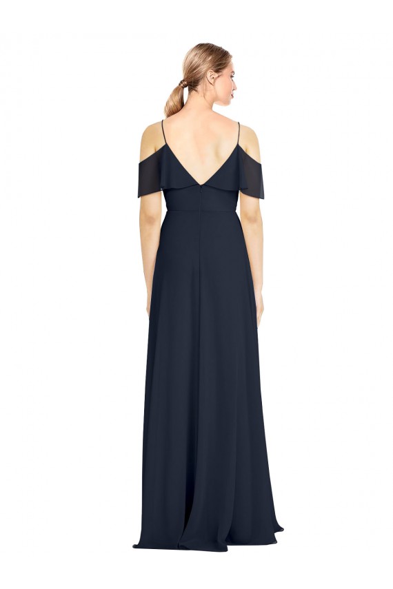 Shop Draped Sleeves Flounce Neckline Long Chiffon Bridesmaid Dress with Spaghetti Straps