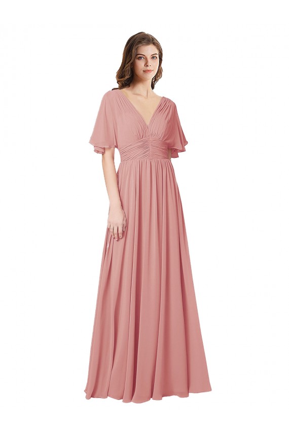 Shop Flutter Sleeves Plunging V-Neck Boho Chiffon Bridesmaid Dress