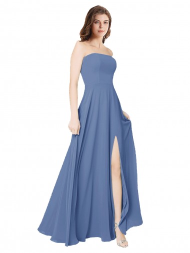 Shop Strapless Long Chiffon Bridesmaid Dress with Front Slit