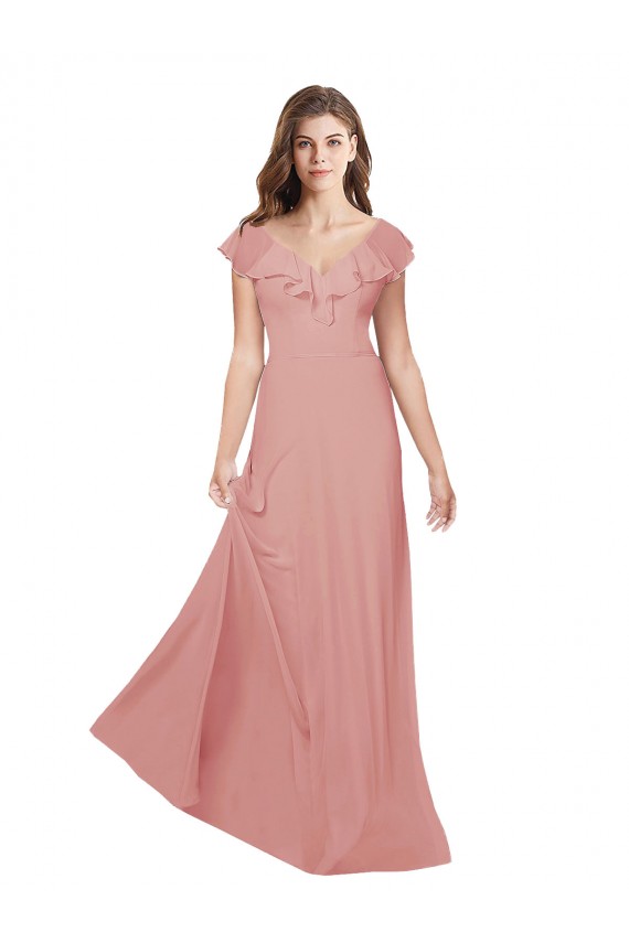 Shop Flounced V Neckline Flutter Sleeves Chiffon Bridesmaid Dress