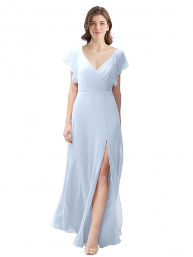 Shop Flutter Sleeves Long Chiffon Bridesmaid Dress with Daring Open Back and Side Slit