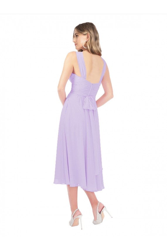 Shop Draped Midi Length Chiffon Cocktail Bridesmaid Dress with Ruched Bodice