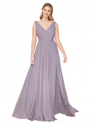 Shop Draped Floor Length High Neck V-Back Chiffon Bridesmaid Dress / Formal Prom Dress with Shirred Bodice