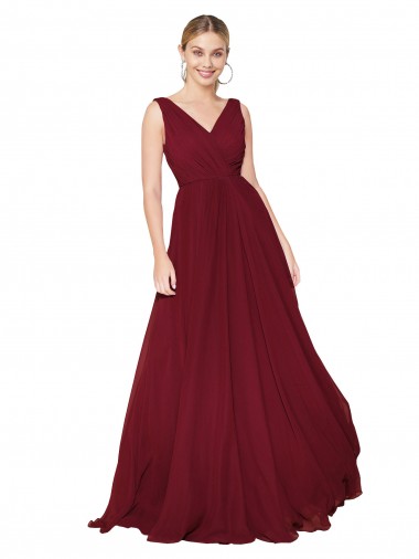 Shop Draped A-Line V-Neck Floor Length Chiffon Bridesmaid Dress / Formal Prom Dress