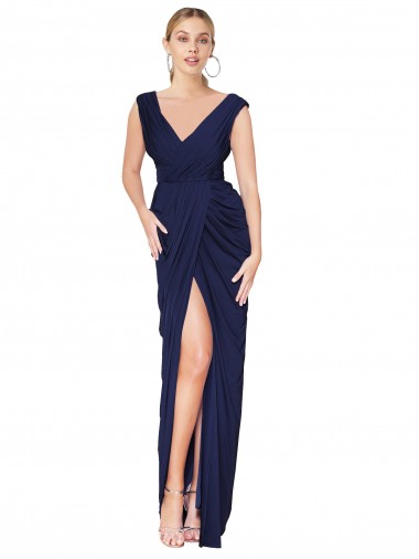 Shop Draped V-Neck Long Chiffon Bridesmaid Dress / Formal Prom Dress with Front Slit