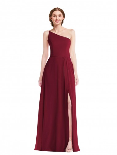 Shop One Shoulder Chiffon Maxi Bridesmaid Dress with Shirred Front Slit