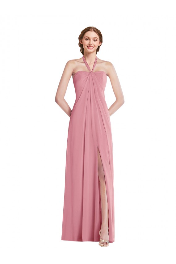 Shop Draped Chiffon Grecian Column Bridesmaid Dress with Front Slit