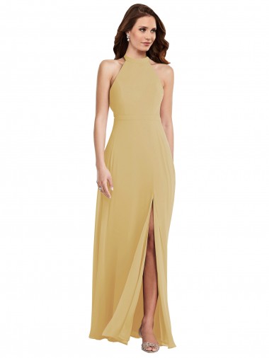 Shop Stand Collar Halter Maxi Bridesmaid Dress with Criss Cross Open Back