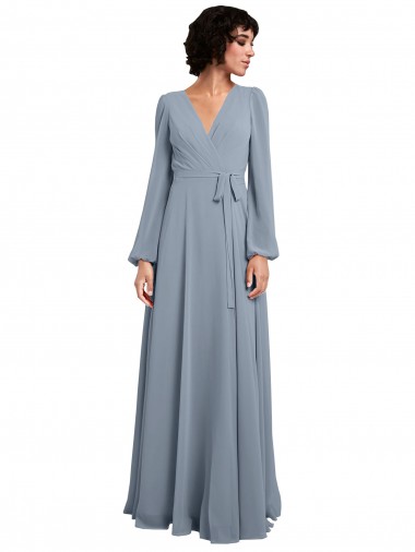 Shop Wrap Style Long Sleeves Chiffon Bridesmaid Dress with Pleated Bodice