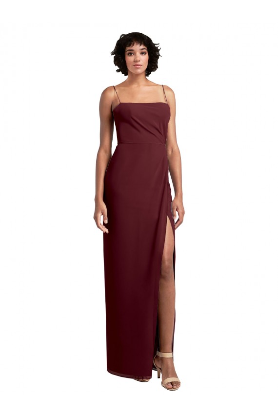 Shop Sleek Straight Neckline Chiffon Bridesmaid Dress with Spaghetti Straps and High Side Slit