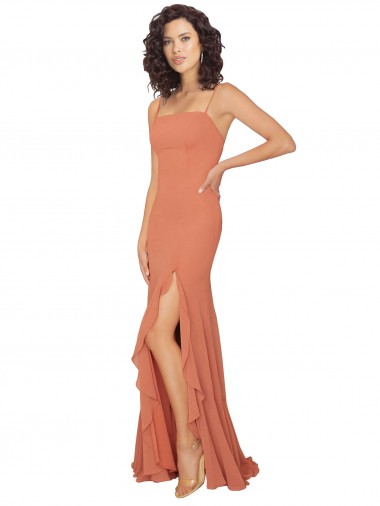 Shop Chiffon Square Neck Bridesmaid Dress with Ruffled Skirt Slit