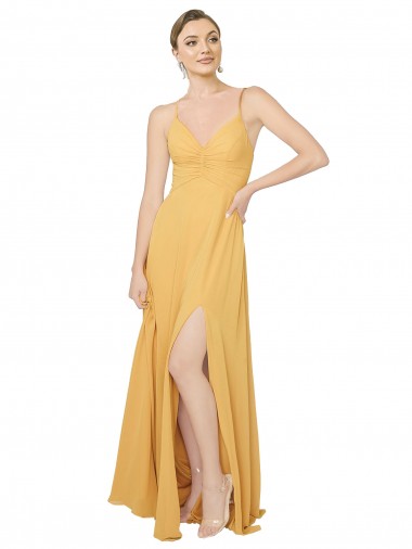 Shop Ruched Chiffon Bridesmaid Dress with Pockets & Tie Back Detail