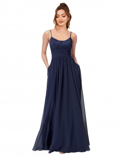 Shop Long Chantilly Lace and Ruched Chiffon Bridesmaid Dress with Pockets