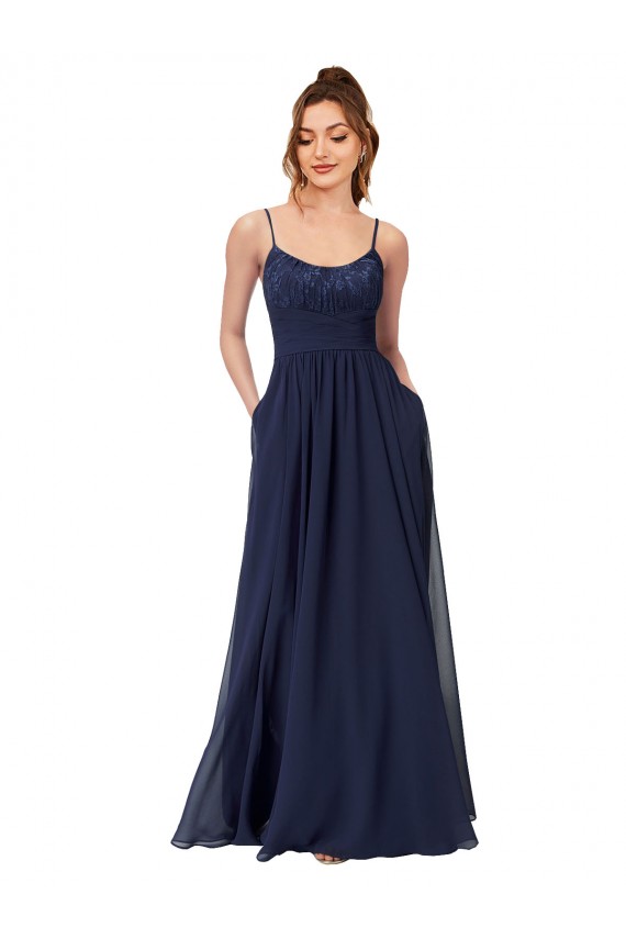 Shop Long Chantilly Lace and Ruched Chiffon Bridesmaid Dress with Pockets