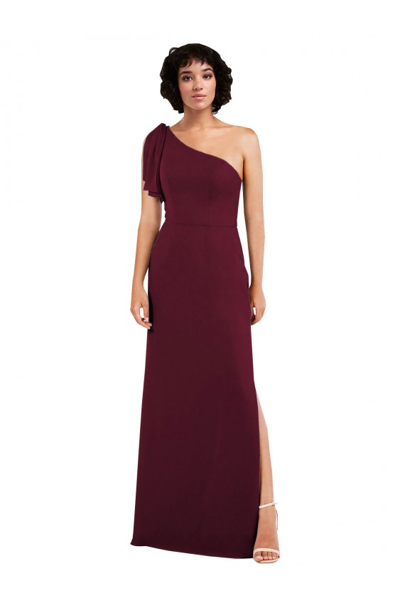 Shop One Shoulder Chiffon Formal Bridesmaid Dress with Skirt Slit and Accent Strap