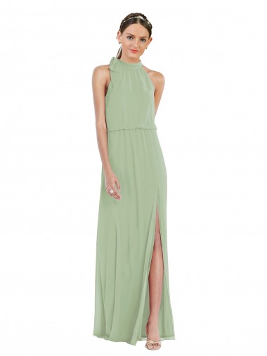 Shop High Neck Scarf Tie Blouson Bodice Maxi Bridesmaid Dress with Front Slit