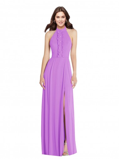 Shop Halter Backless Maxi Formal Bridesmaid Dress with Button Ruffle Placket