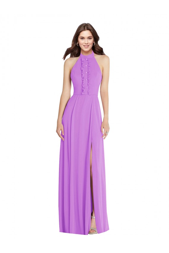 Shop Halter Backless Maxi Formal Bridesmaid Dress with Button Ruffle Placket