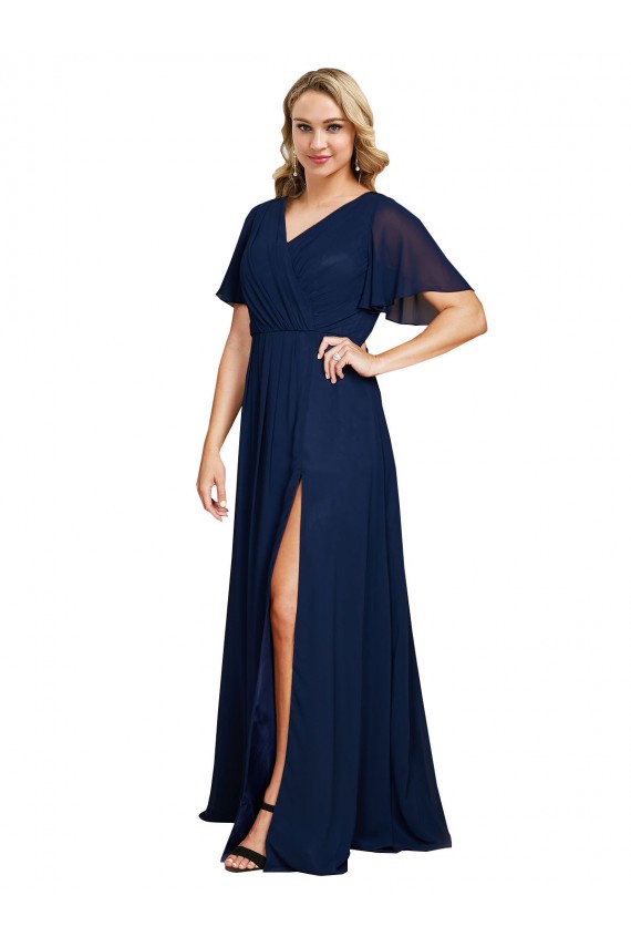 Shop Chiffon V-Neck Short Sleeves Long Formal Bridesmaid Dress / Prom Dress with High Slit