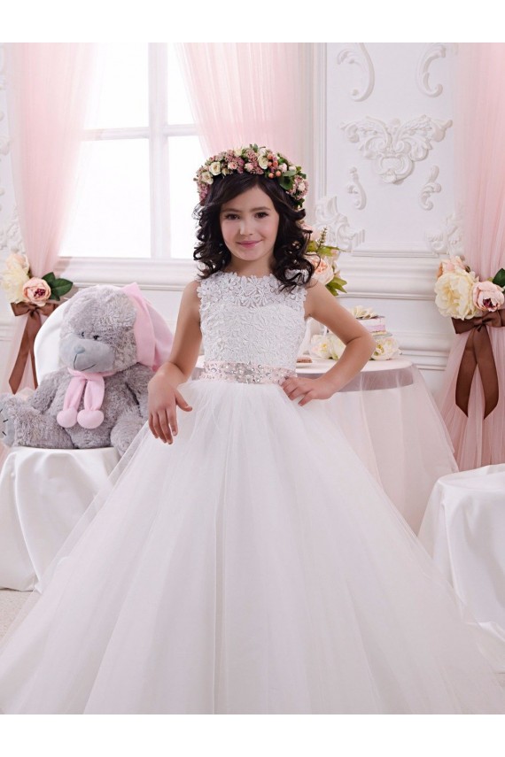 Shop Ivory Ball Gown Bateau Chapel Train Sleeveless Flower Girl Dress