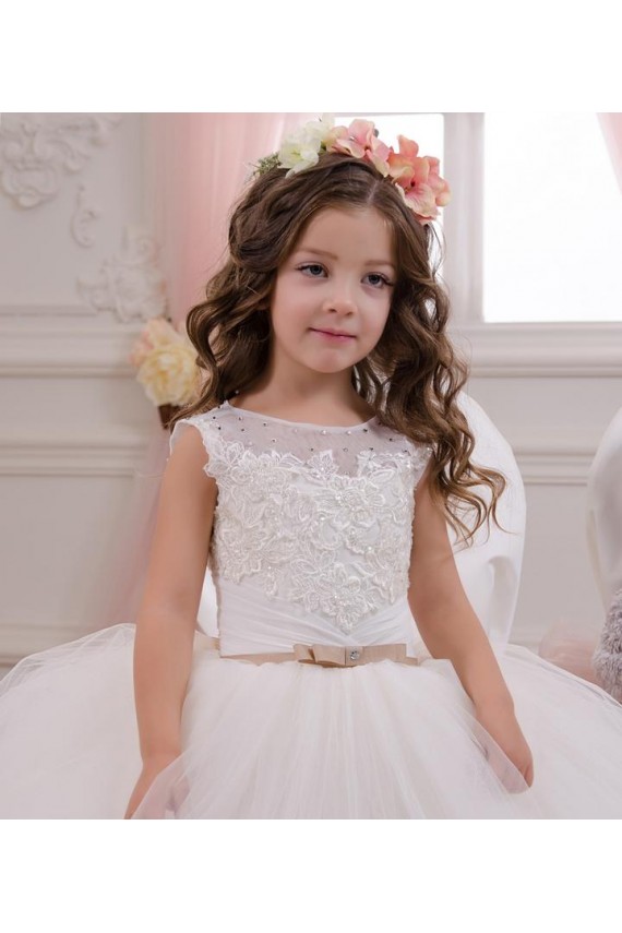 Shop Ivory Ball Gown Bateau Neck Chapel Train Sleeveless Flower Girl Dress