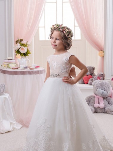 Shop Ivory Ball Gown Bateau Neck Chapel Train V-Back Flower Girl Dress