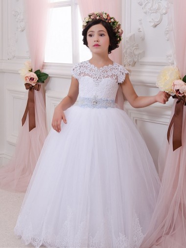 Shop Ivory Ball Gown Sweetheart Chapel Train Cap Sleeve Flower Girl Dress