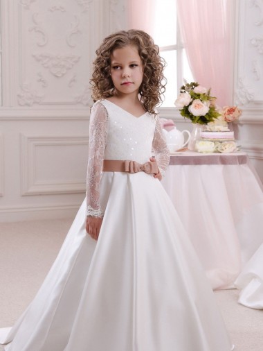 Shop Ivory Ball Gown V-Neck Chapel Train Long Sleeve Flower Girl Dress