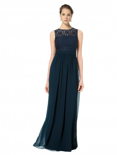 Shop Long Chiffon Bridesmaid Dress with Lace Sleeveless Bodice and Keyhole Back