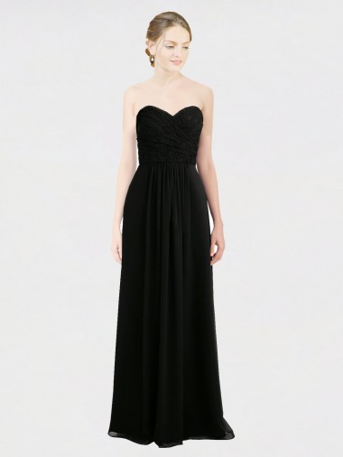 Shop Long Strapless Lace Bodice Bridesmaid Dress with Sweetheart Neckline and Criss-Cross Pleats