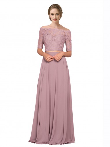 Shop Off the Shoulder Lace Crop Top A-Line Chiffon Bridesmaid Dress / Prom Dress