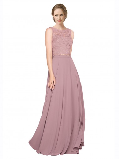 Shop Long A-Line Chiffon Bridesmaid Dress / Prom Dress with Sleeveless Lace Crop Top