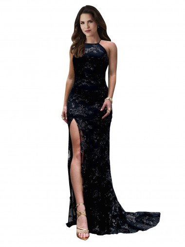 Shop Formal High Neckline Lace Open Back Bridesmaid Dress / Prom Dress with High Slit