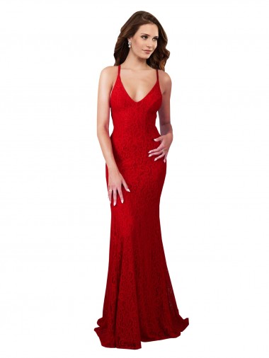 Shop Low Back V-Neckline Floor Length Formal Lace Bridesmaid Dress / Prom Dress