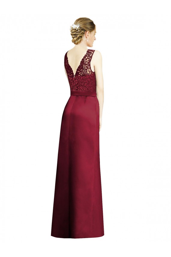 Shop Full Length Sleeveless Satin Bridesmaid Dress with Lace Bodice