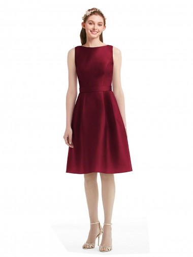 Shop Short Midi Length Satin Cocktail Bridesmaid Dress with Bateau Neckline and V-Back