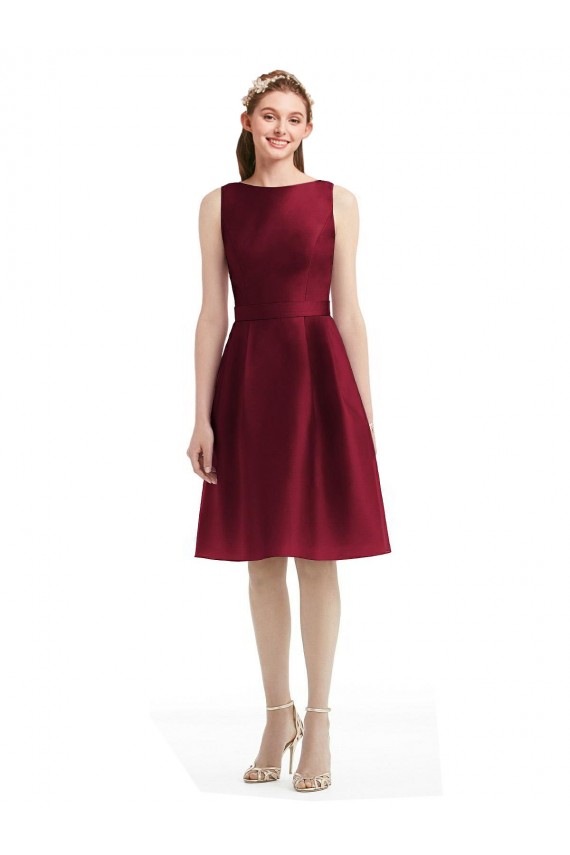 Shop Short Midi Length Satin Cocktail Bridesmaid Dress with Bateau Neckline and V-Back