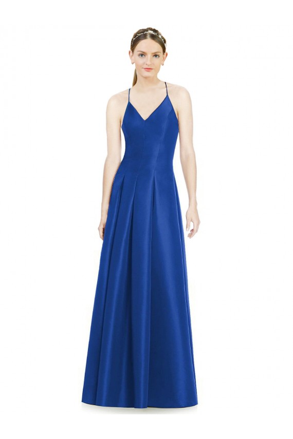 Shop Full Pleated V-Neck Long Satin Bridesmaid Dress with Criss Cross Open Back